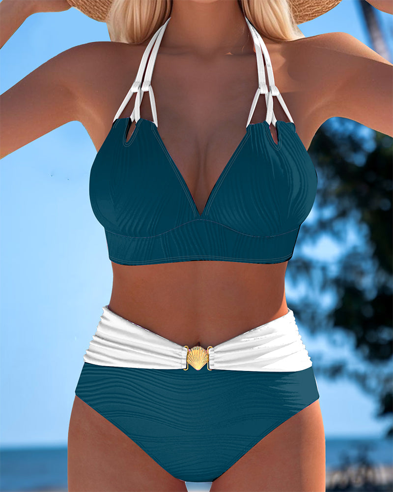 Maillot de bain taille haute à double bretelle avec coloris contrasté