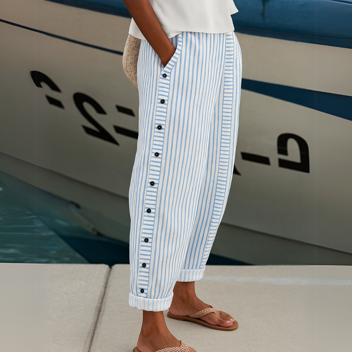 Vienne – Pantalon Rayé à Boutons