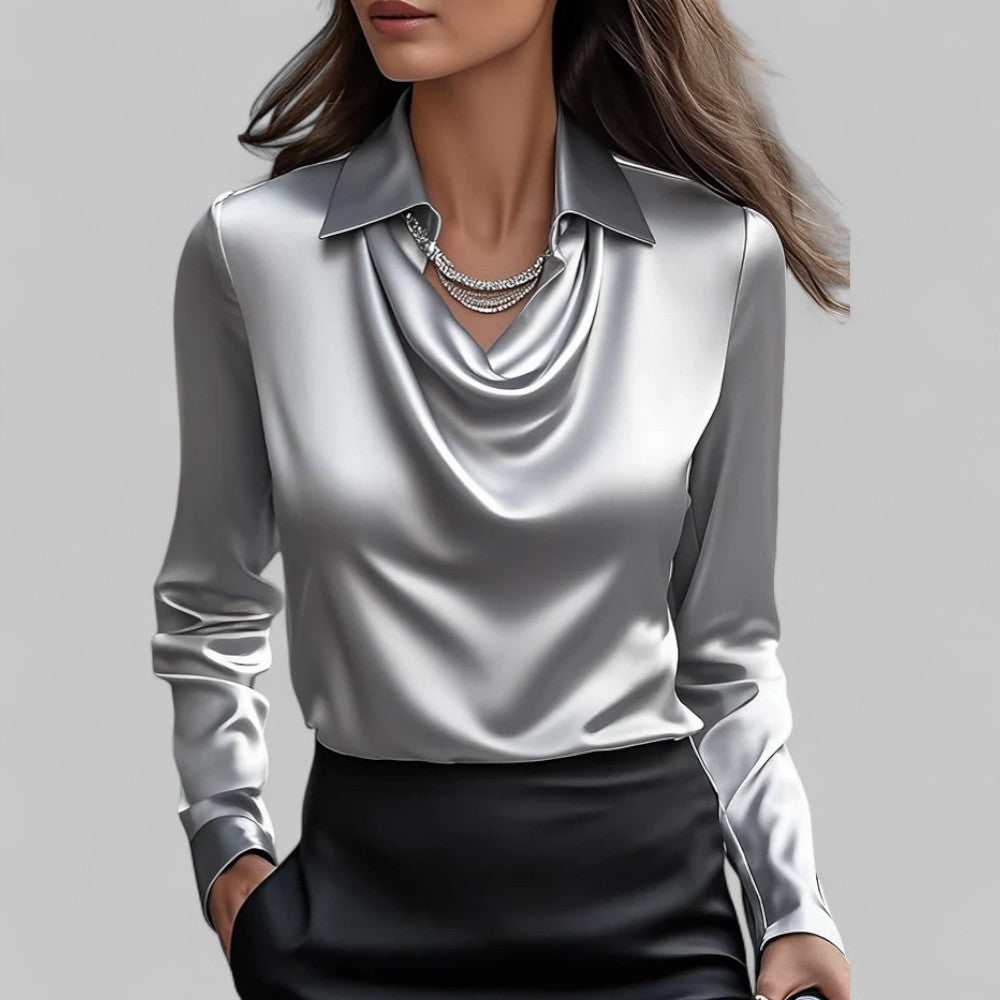 Rose | Blouses Satin à Manches Longues avec Col Drapé pour Femmes