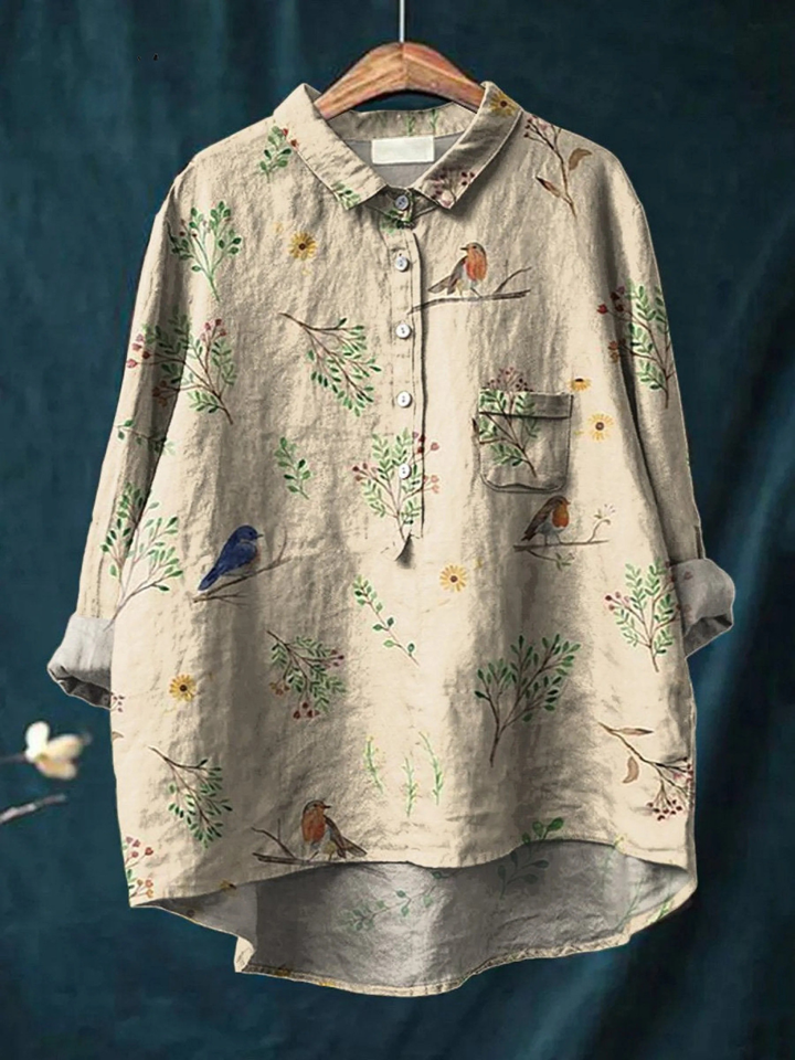 Lorelai | Chemise Décontractée à Imprimé Branches et Oiseaux Rouges