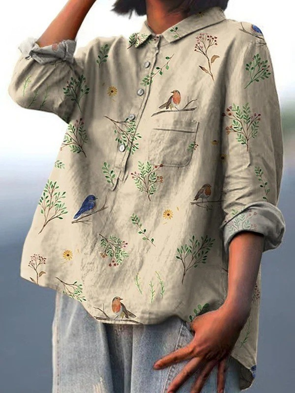 Lorelai | Chemise Décontractée à Imprimé Branches et Oiseaux Rouges