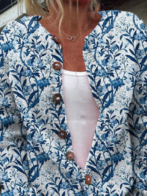 Cardigan chic à motifs floraux bleu et blanc avec boutons