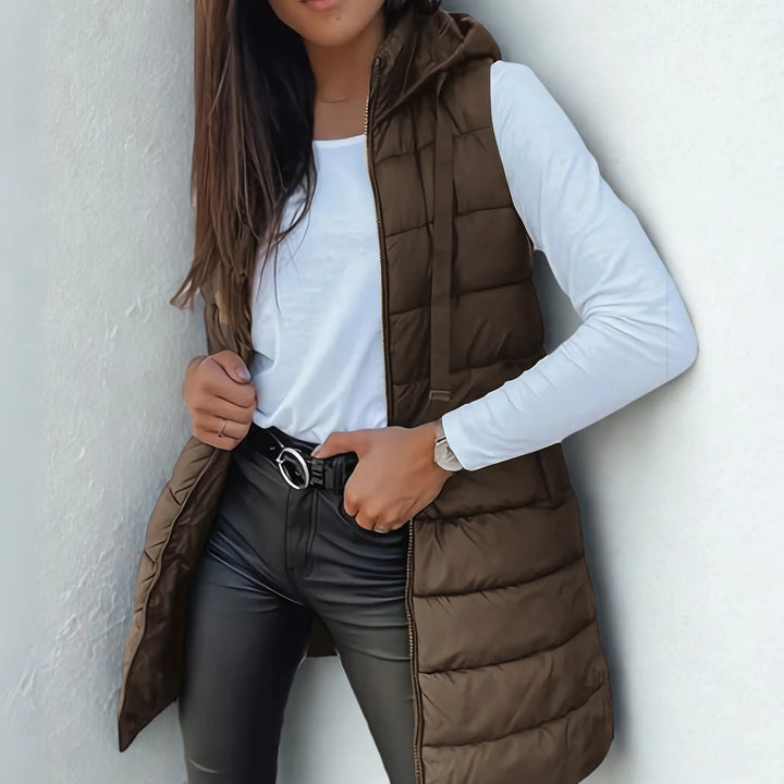 RAIN - Long Hooded Down Vest without Sleeves