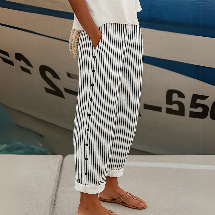Vienne – Pantalon Rayé à Boutons