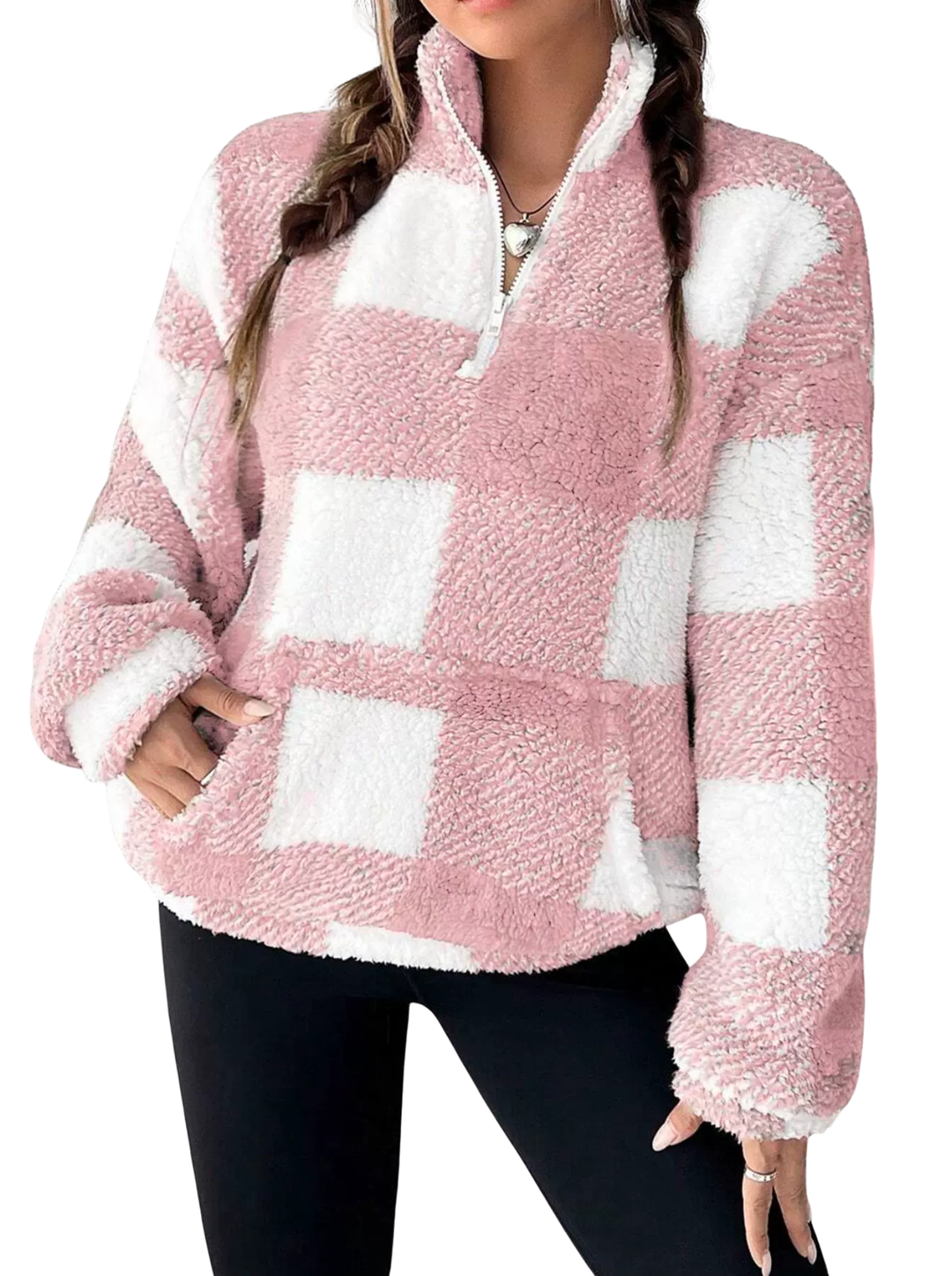 HILARY™ – Pull à col zippé mi-haut à carreaux décontracté