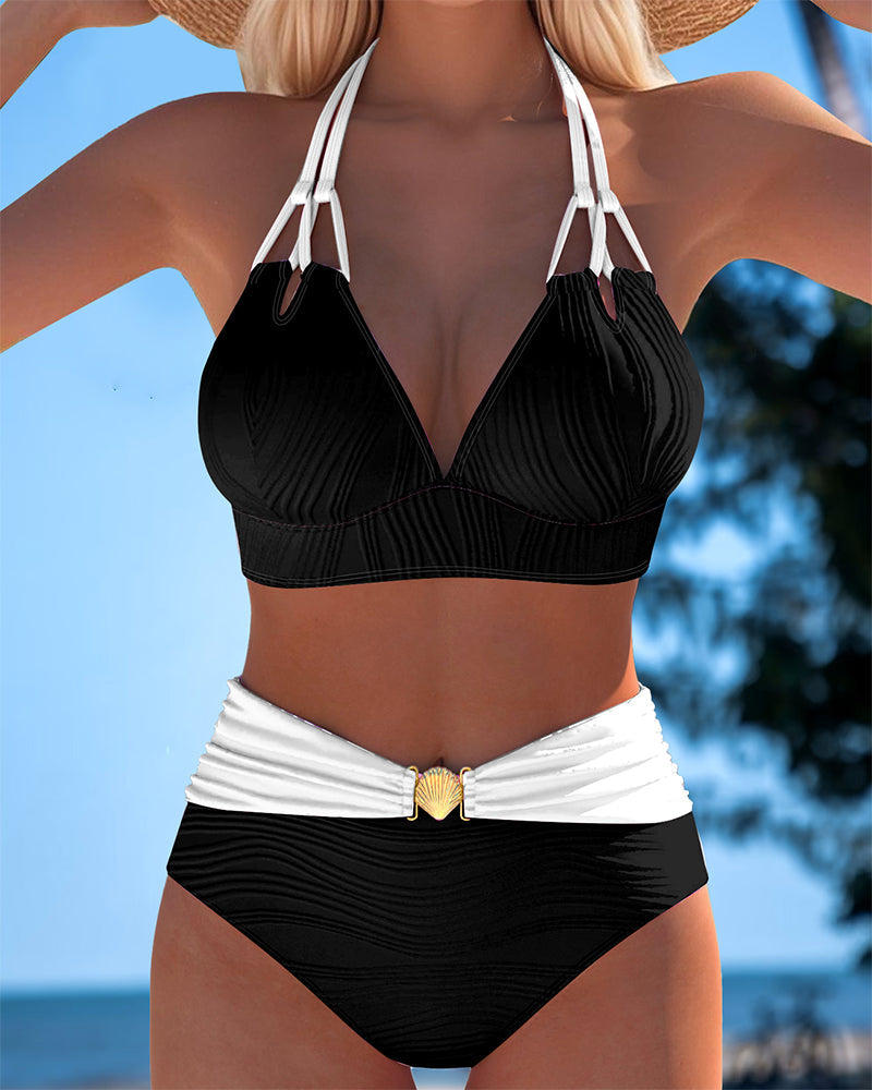 Maillot de bain taille haute à double bretelle avec coloris contrasté