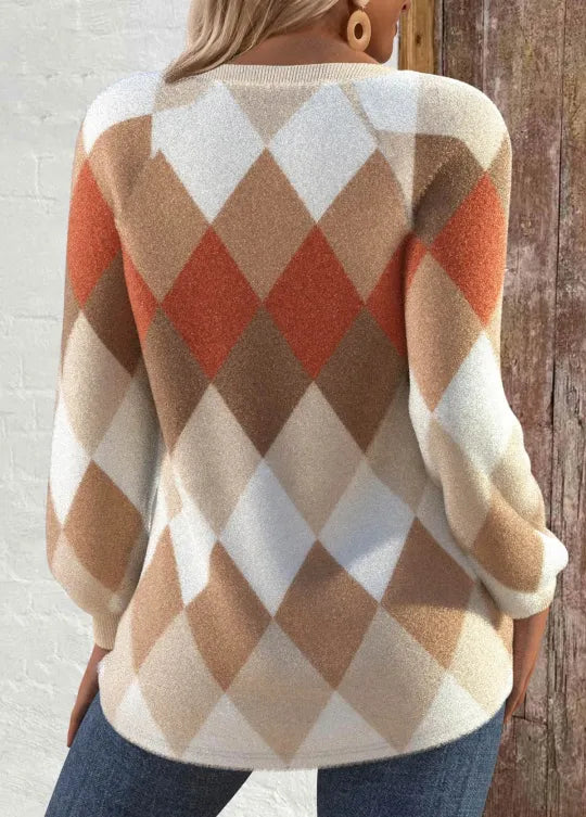 Checked Knit T-Shirt with Button Detail