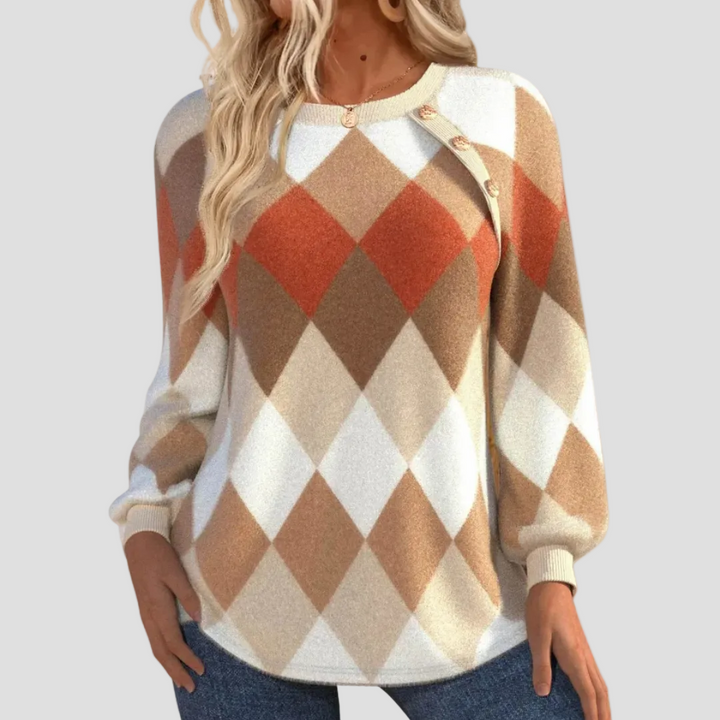 Checked Knit T-Shirt with Button Detail