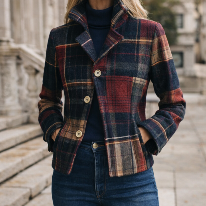 NATALIE – Manteau à carreaux de mi-saison avec col montant