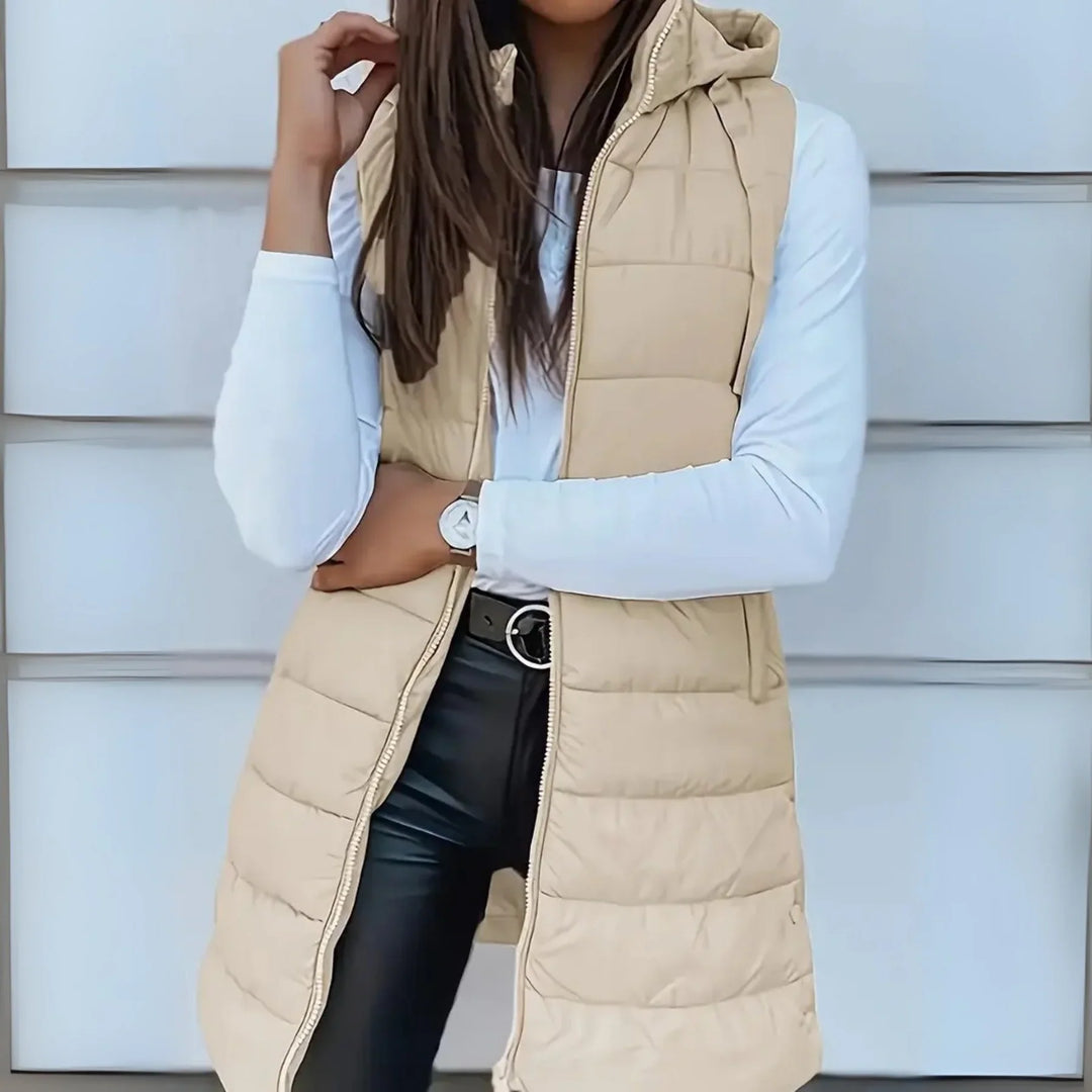 RAIN - Long Hooded Down Vest without Sleeves