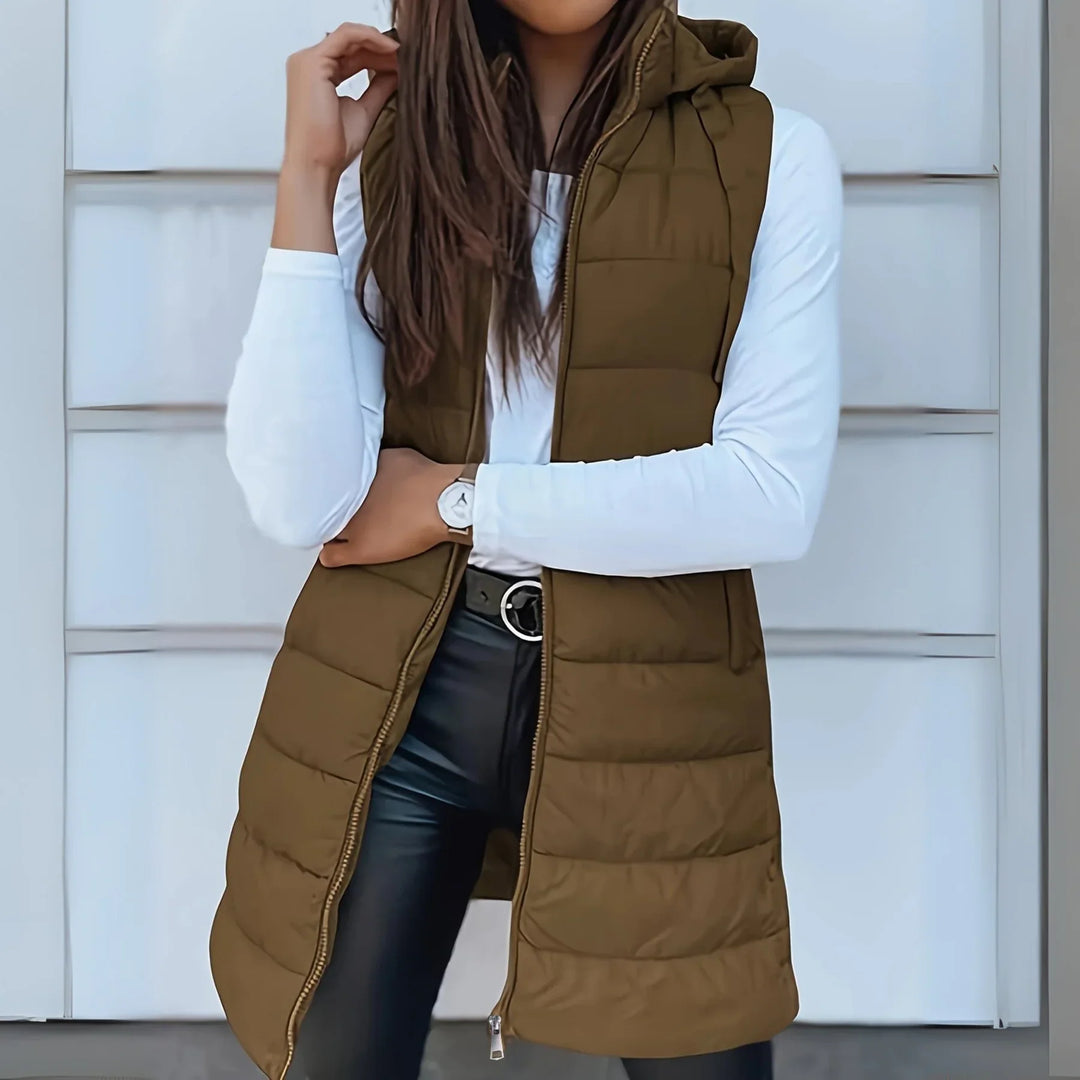 RAIN - Long Hooded Down Vest without Sleeves