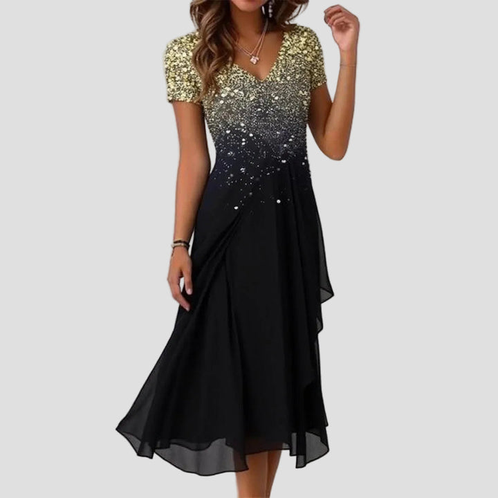 Robe midi chic avec col en V et manches courtes