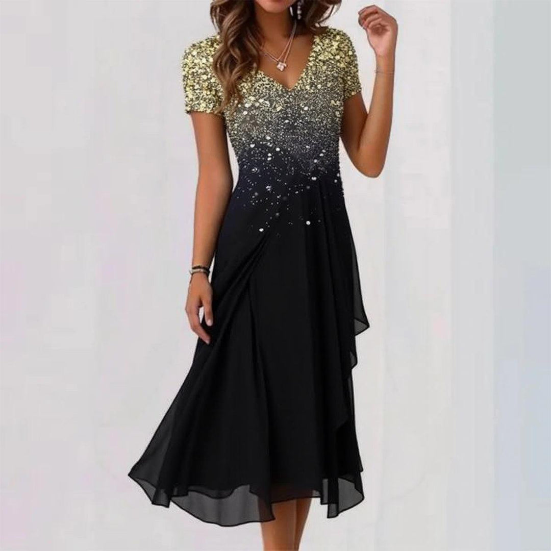 Robe midi chic avec col en V et manches courtes