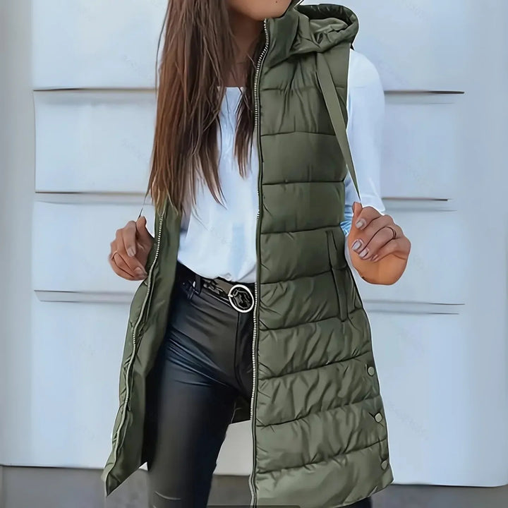 RAIN - Long Hooded Down Vest without Sleeves