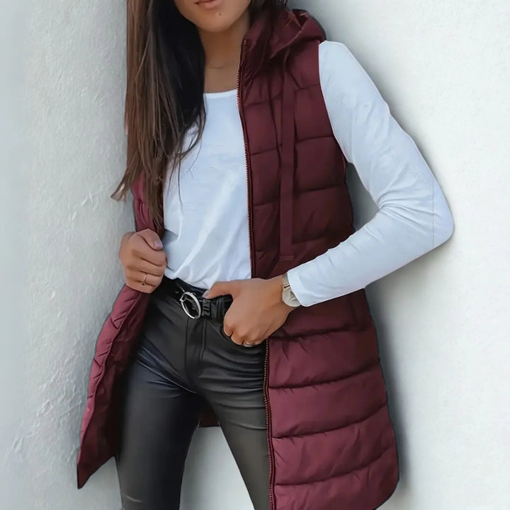 RAIN - Long Hooded Down Vest without Sleeves