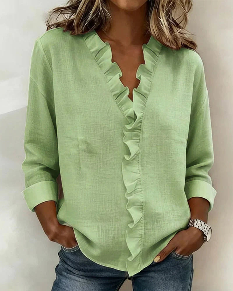 Yvonne | Blouse à Volants avec Col en V et Manches Longues
