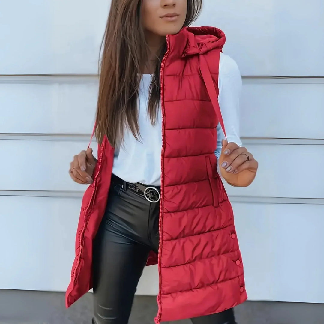 RAIN - Long Hooded Down Vest without Sleeves