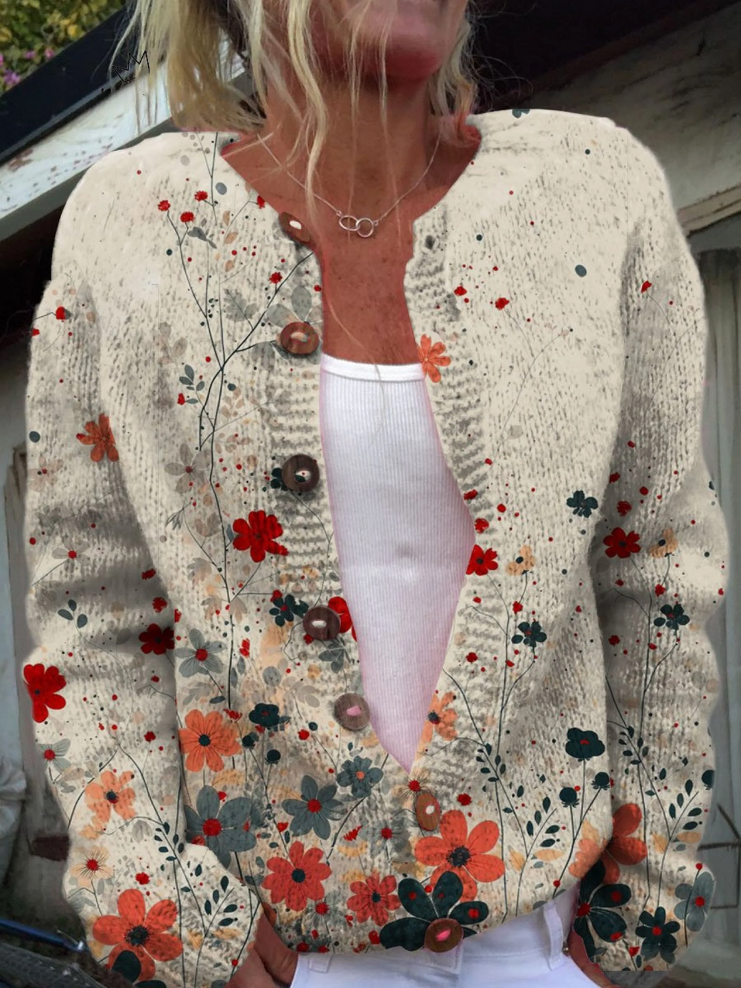 Cardigan Boutonné Vintage avec Imprimé Floral