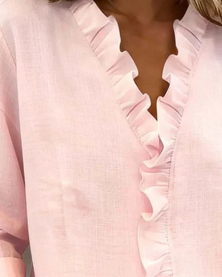 Yvonne | Blouse à Volants avec Col en V et Manches Longues