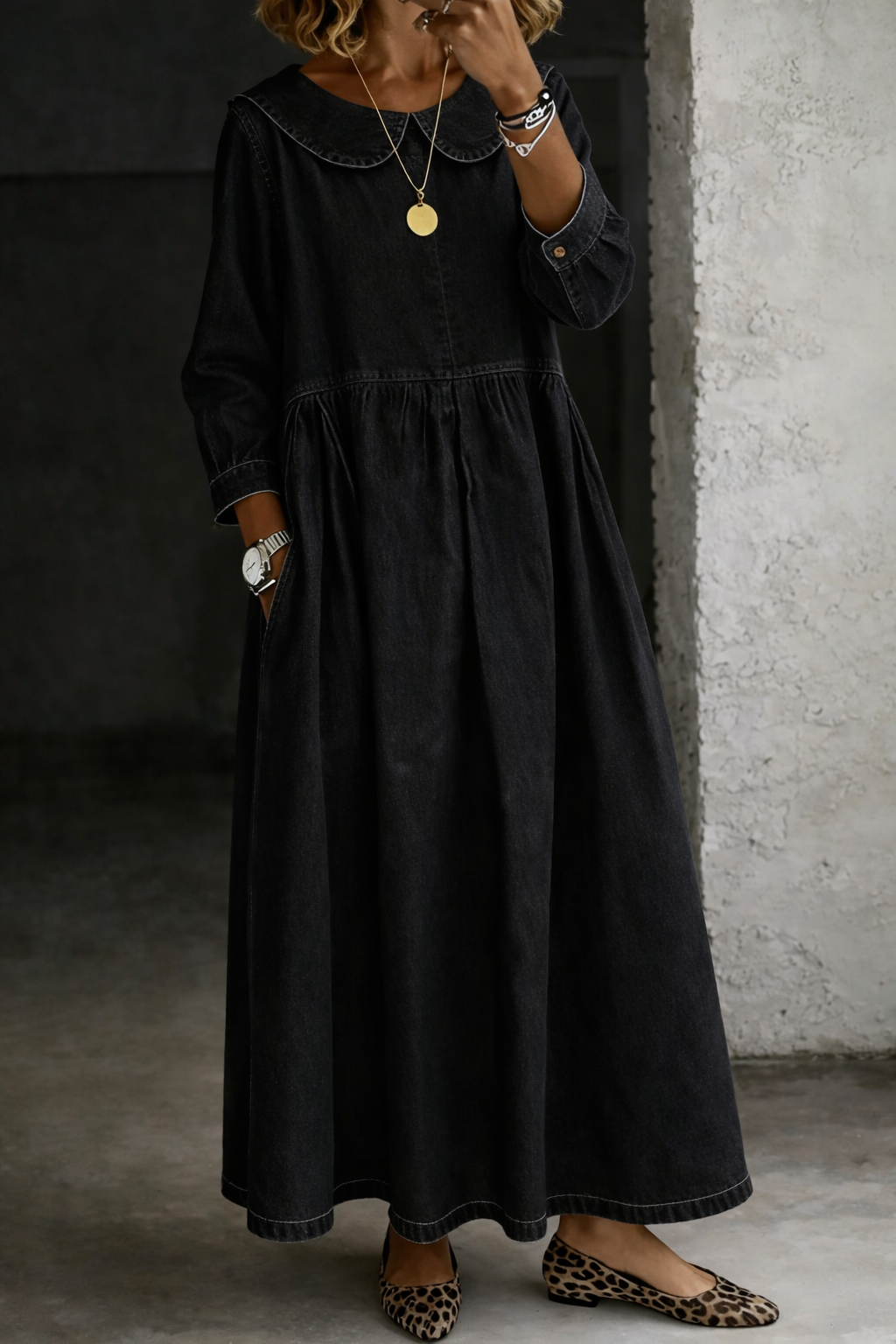 Claraa | Jean Dress with Peter Pan Collar