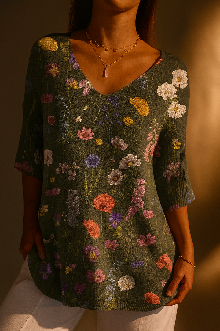 Pull décontracté en tricot avec motif botanique printanier pour femmes
