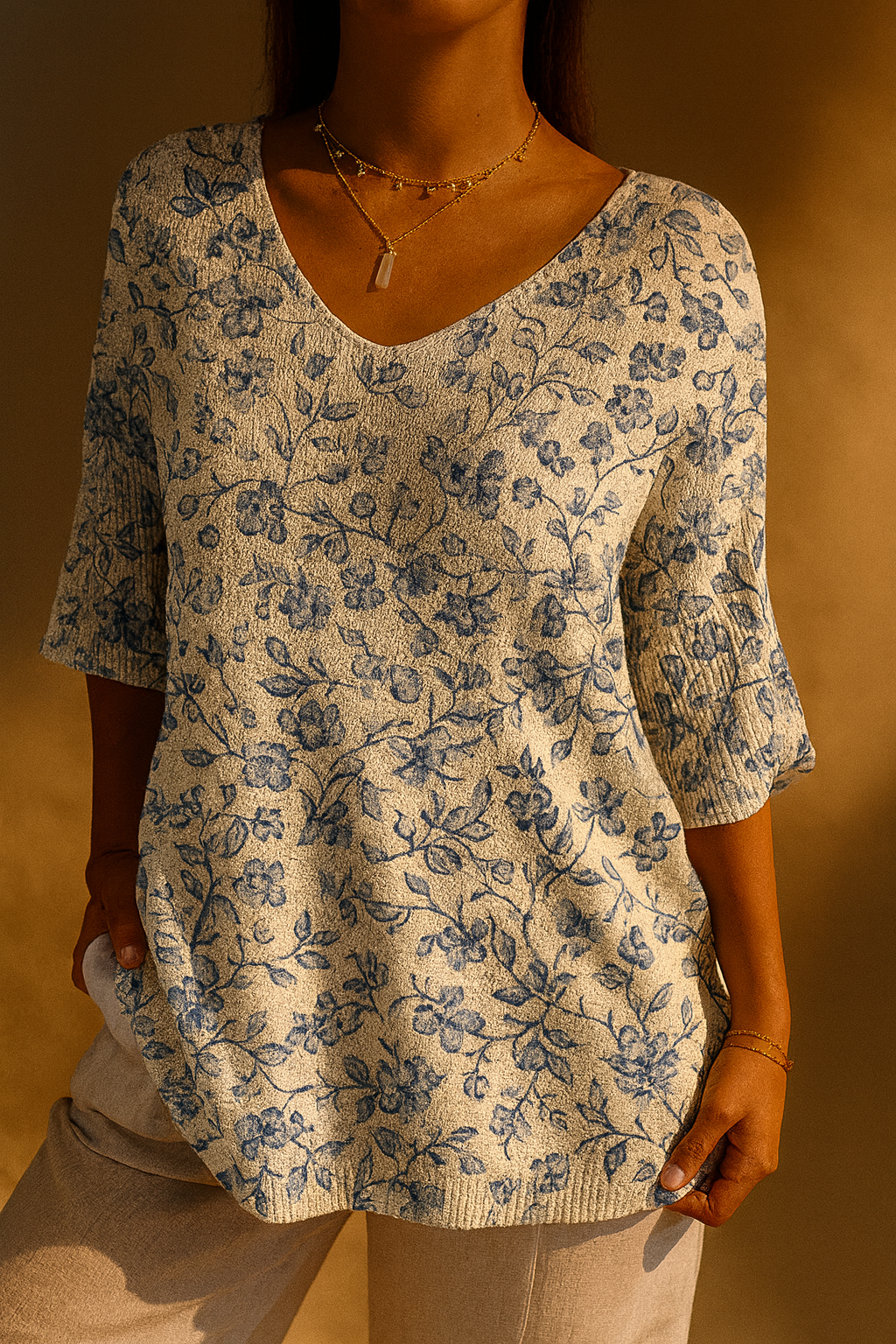 Pull en tricot décontracté à motif floral bleu pour femmes