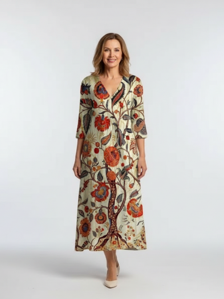 Corisande | Robe Midi à Fleurs avec Manches Longues en V