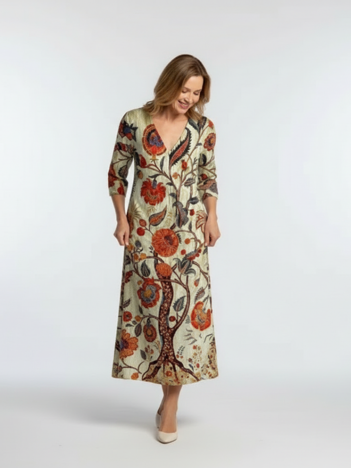Corisande | Robe Midi à Fleurs avec Manches Longues en V