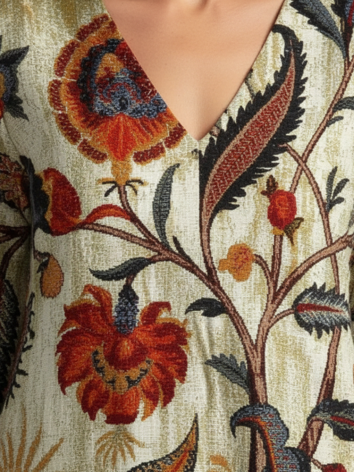 Corisande | Robe Midi à Fleurs avec Manches Longues en V