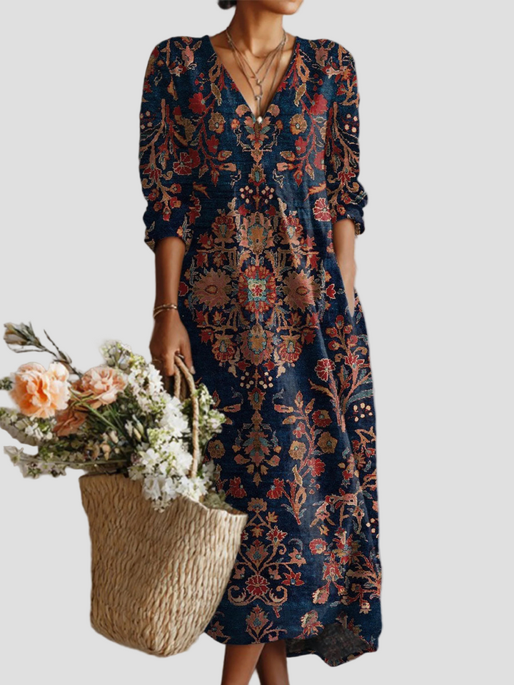 Robe tunique en lin à motif floral vintage pour femmes