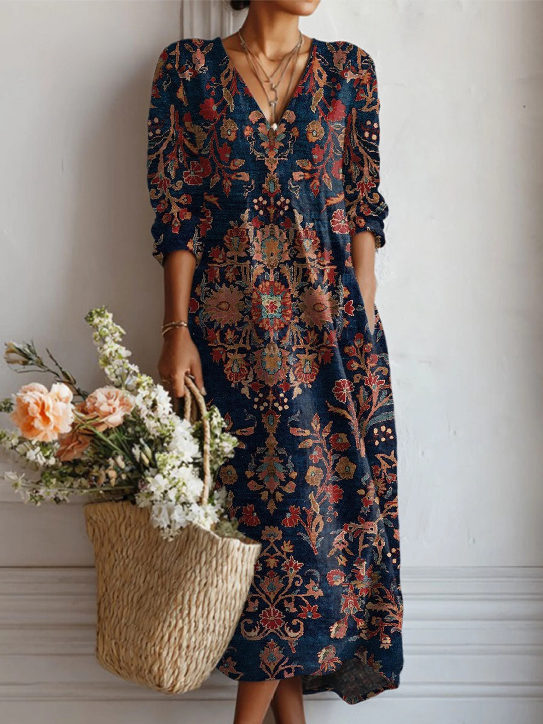 Robe tunique en lin à motif floral vintage pour femmes