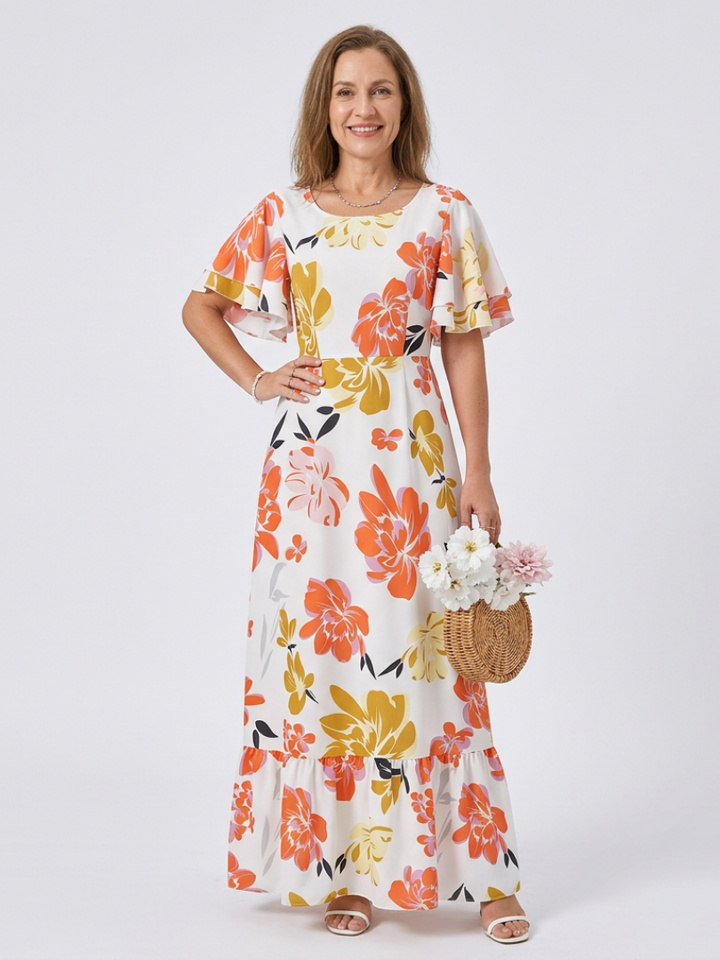Elowen | Robe maxi à col rond et manches courtes
