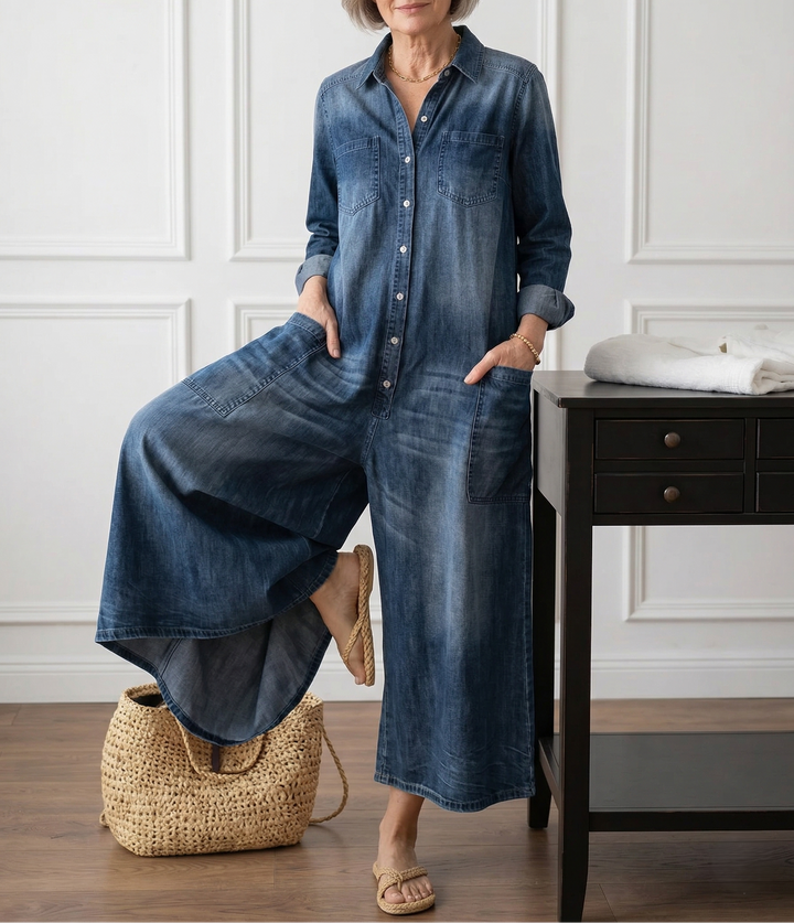 Saylorr - Salopette en denim vintage doux délavé avec boutons