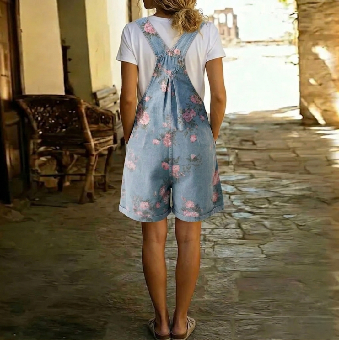 Saylor - Salopette en denim vintage à motif floral avec finition douce