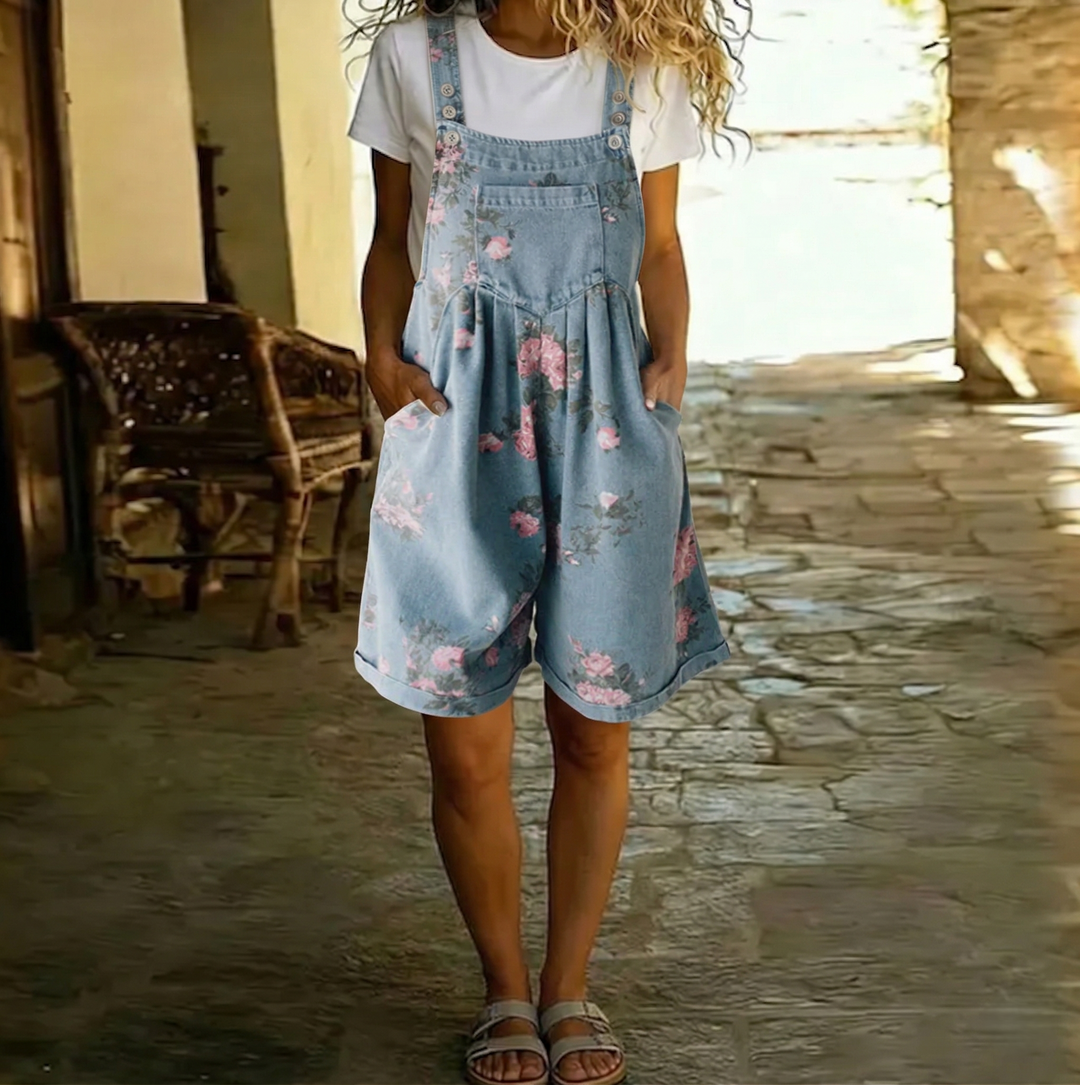 Saylor - Salopette en denim vintage à motif floral avec finition douce