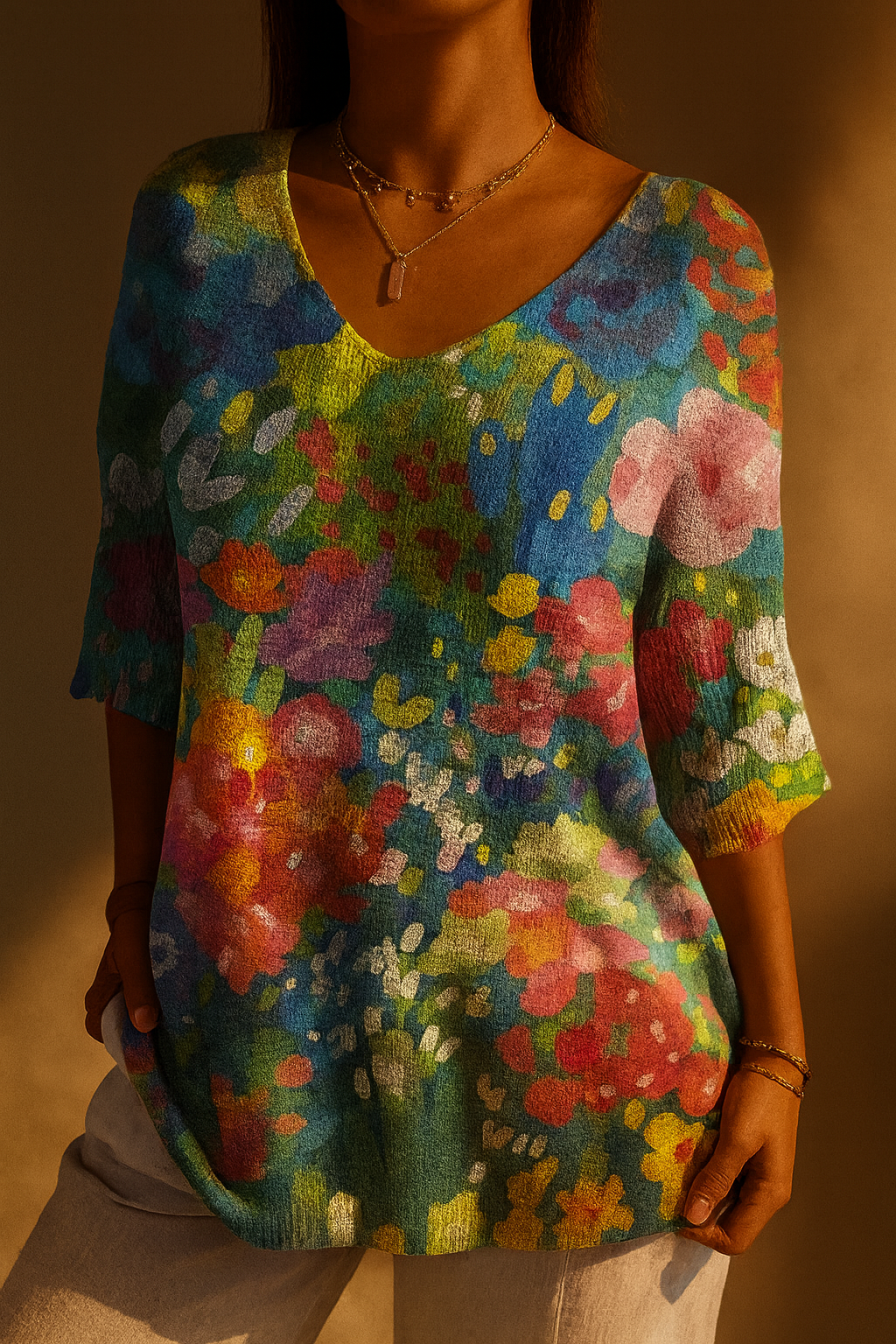Pull en tricot vintage à motifs floraux pour femmes
