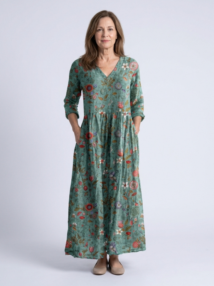 Marina | Robe Maxi Fleurie avec Col V et Manches 3/4
