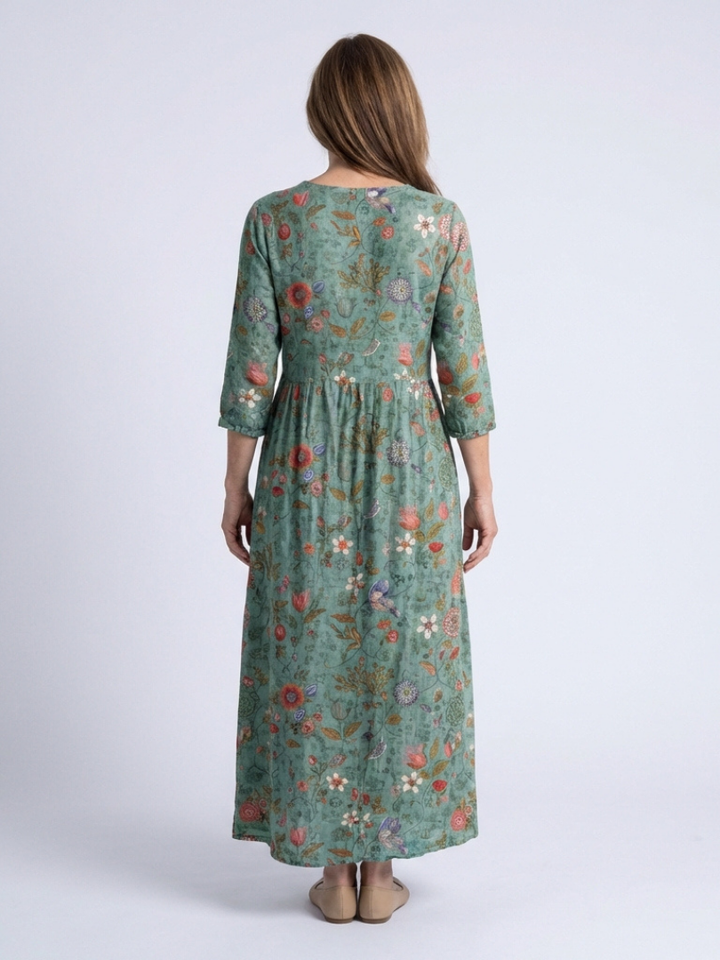 Marina | Robe Maxi Fleurie avec Col V et Manches 3/4