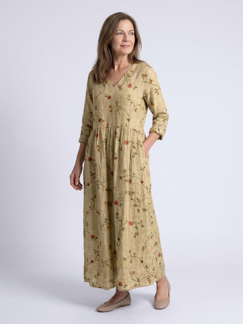 Marina | Robe Maxi Fleurie avec Col V et Manches 3/4