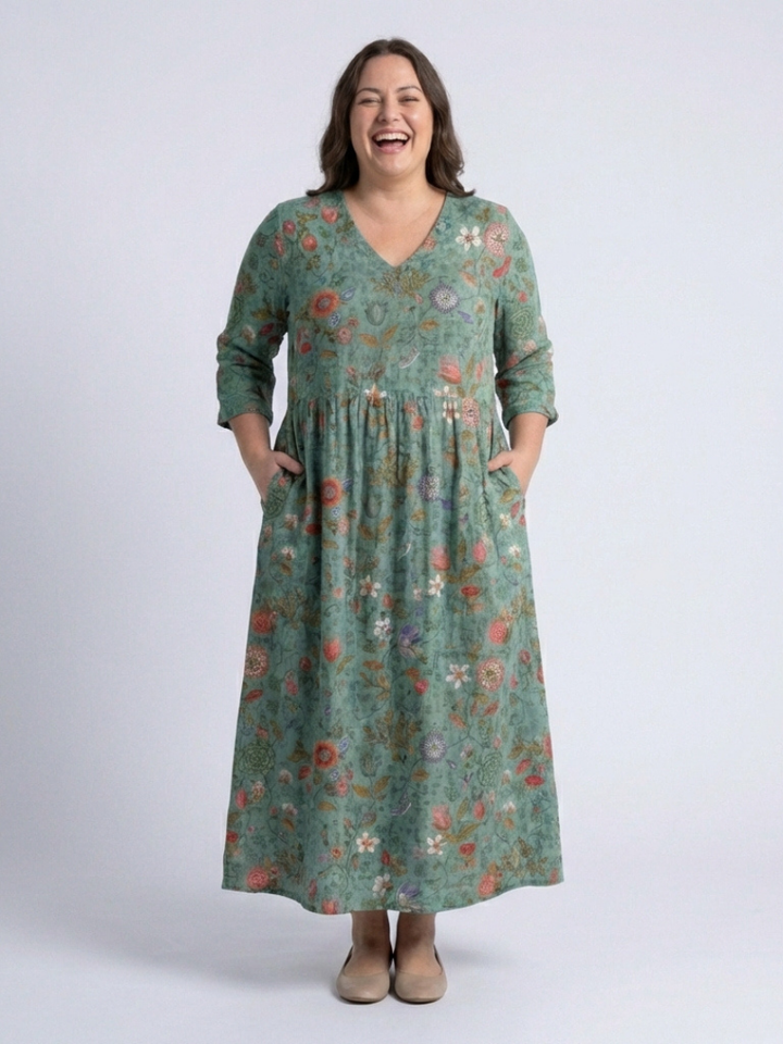 Marina | Robe Maxi Fleurie avec Col V et Manches 3/4