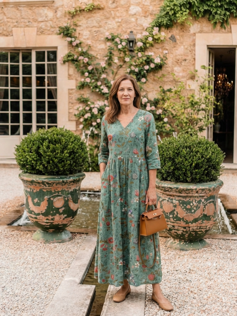 Marina | Robe Maxi Fleurie avec Col V et Manches 3/4