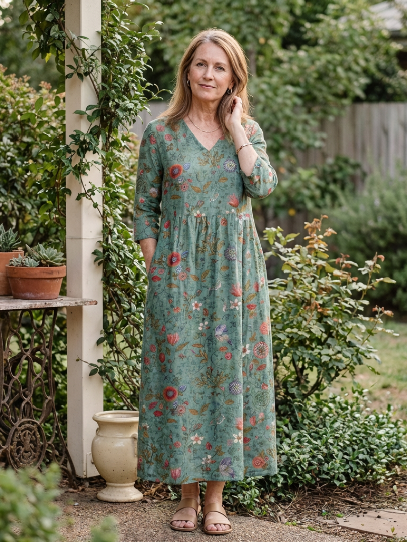 Marina | Robe Maxi Fleurie avec Col V et Manches 3/4