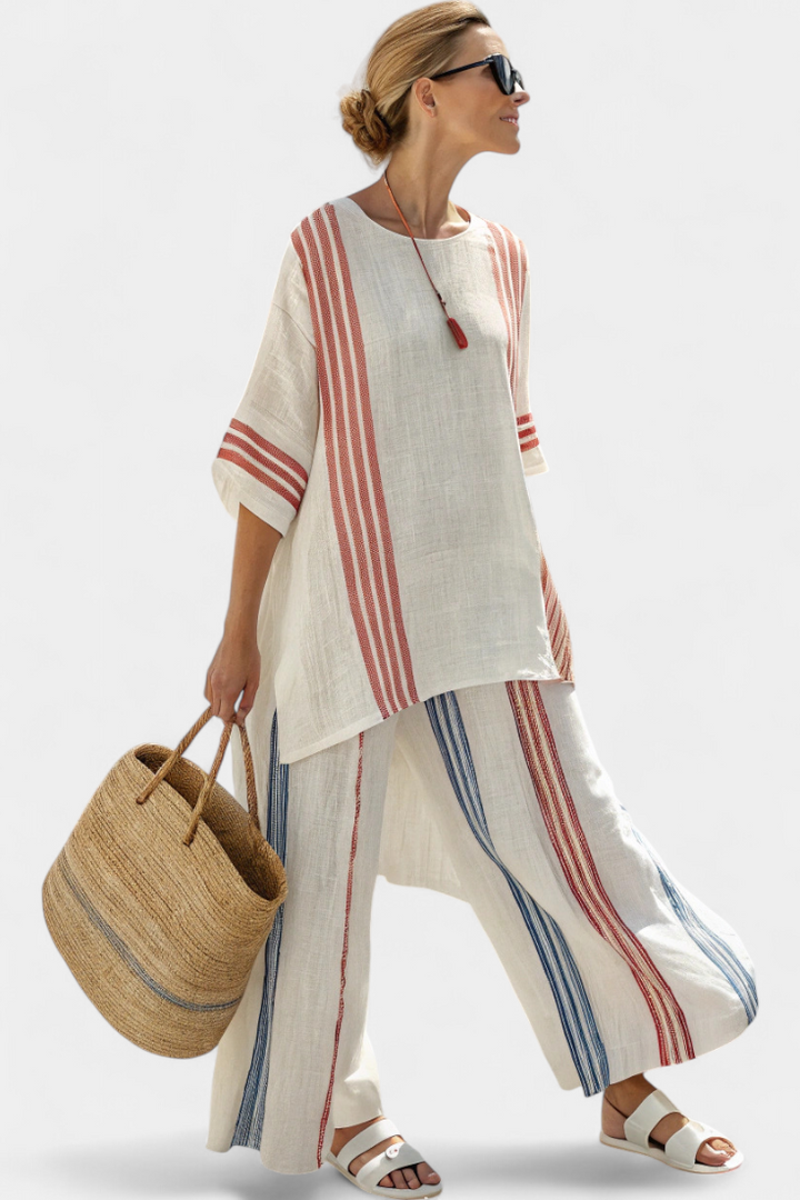 Solvane | Sophisticated Multicolored Striped Top & Mediterranean Trousers
