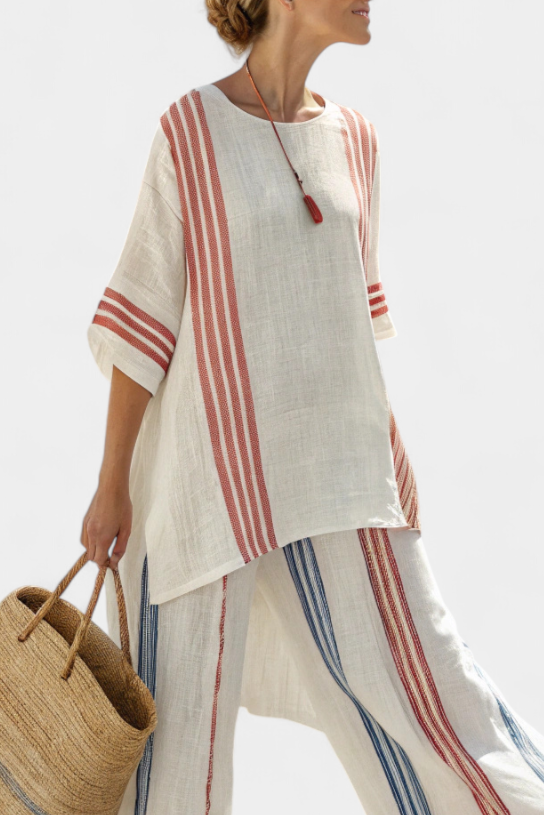 Solvane | Sophisticated Multicolored Striped Top & Mediterranean Trousers