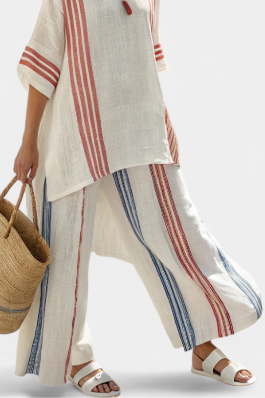 Solvane | Sophisticated Multicolored Striped Top & Mediterranean Trousers