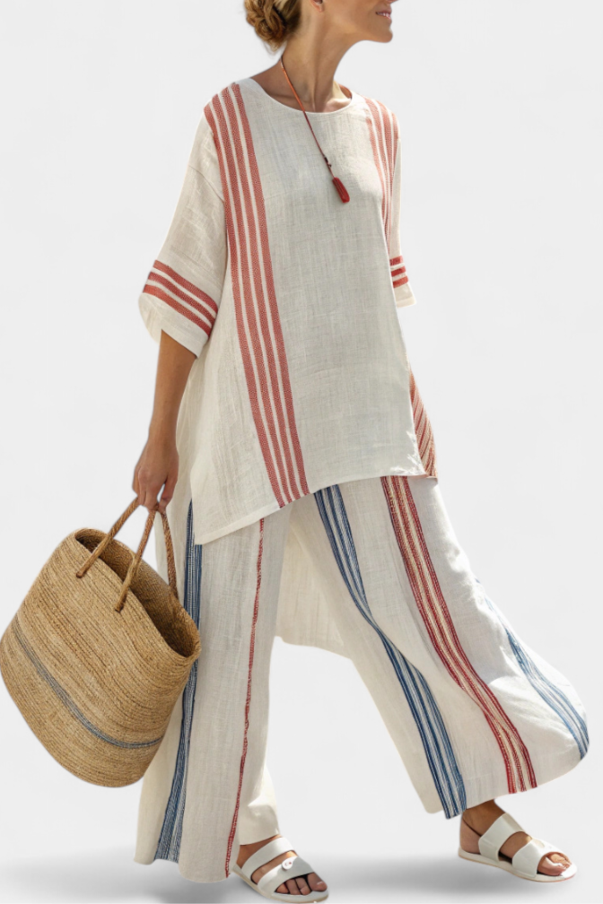 Solvane | Sophisticated Multicolored Striped Top & Mediterranean Trousers