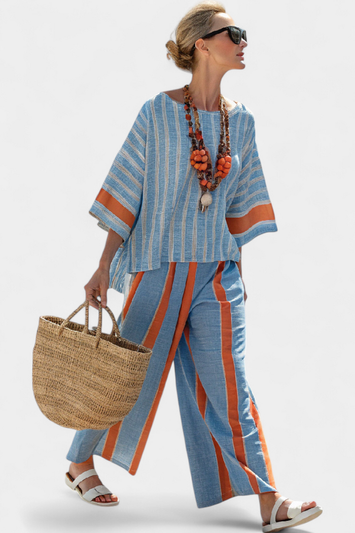 Velmere | Haut Sophistiqué en Terracotta Rayé & Pantalons en Lin