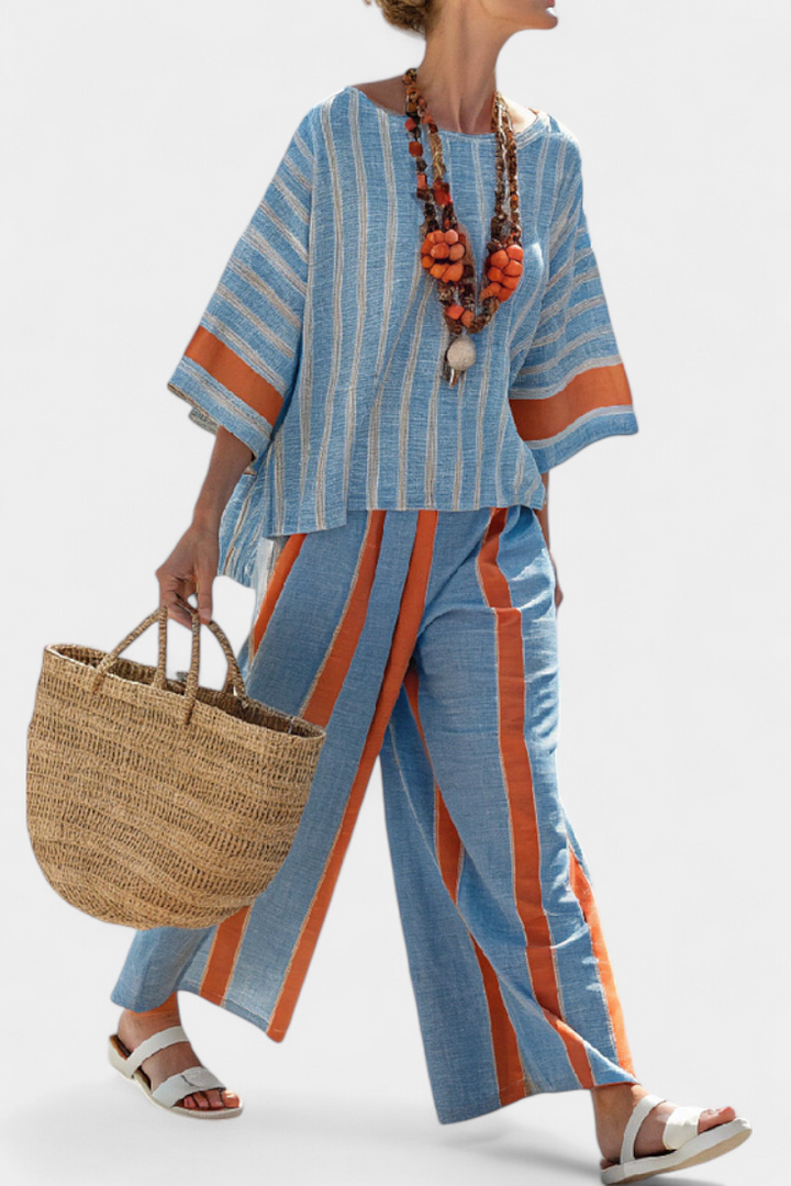 Velmere | Haut Sophistiqué en Terracotta Rayé & Pantalons en Lin