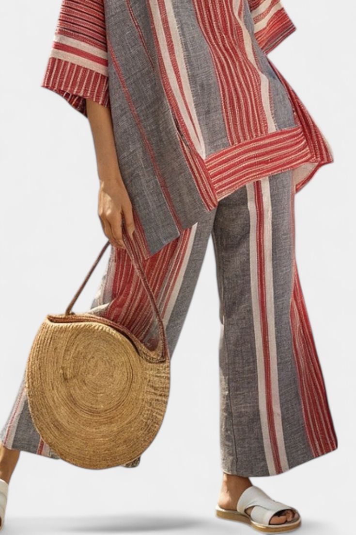 Bravine | Élégant Haut en Lin Corail-Gris avec Pantalon Large