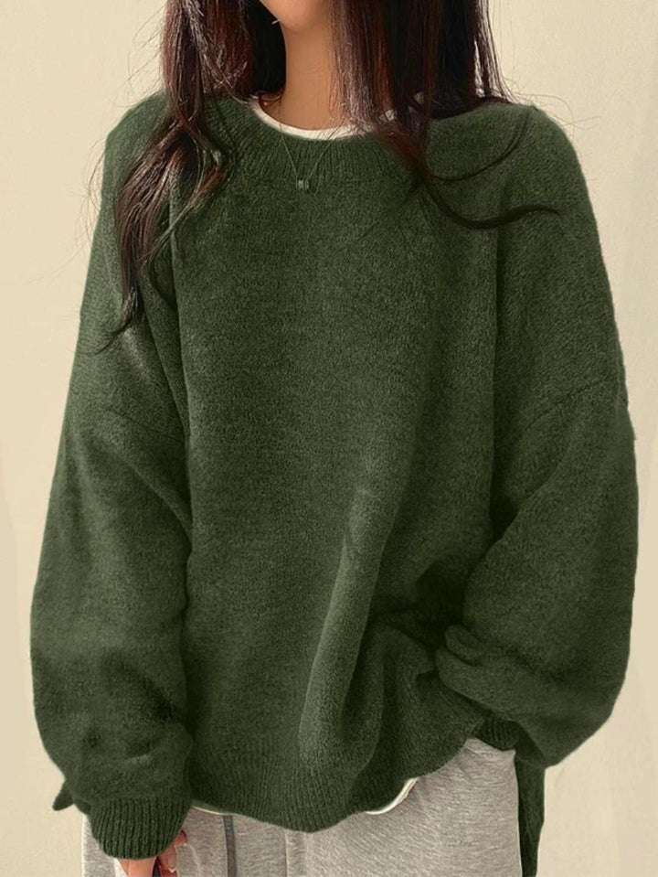 KIARA™ Pull Femme à Col Rond avec Épaules Tombantes et Ourlet Fendu